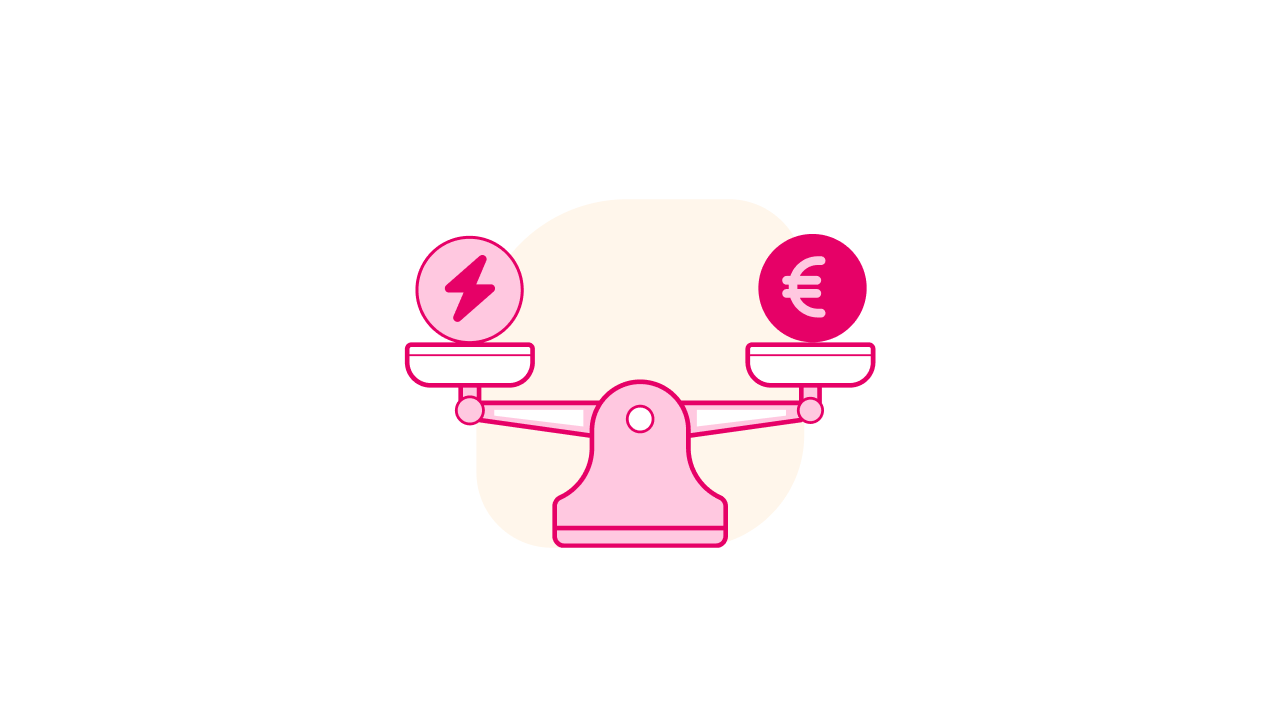 Illustratie van een weegschaal met aan de ene kant een stroom-icoon en aan de andere kant een euro-teken, die visueel het begrip energieprijs uitbeeldt.