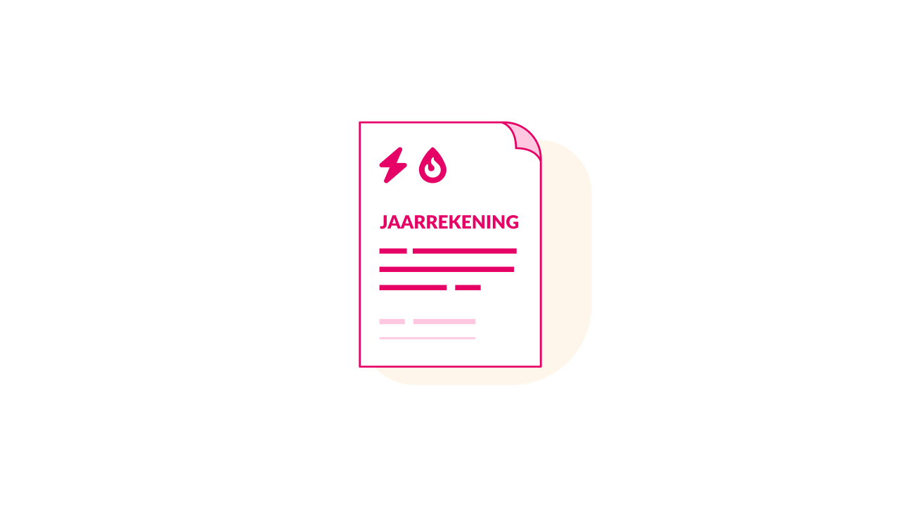 Illustratie van een energierekening met een document waarop stroom- en gas-iconen staan en de tekst ‘JAARREKENING’, ter visuele ondersteuning van informatie over hoe de energierekening is opgebouwd.
