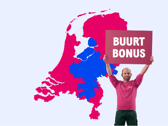 Kaart van Nederland met de gebieden waar de Buurtbonus beschikbaar is: Flevoland, Gelderland, Utrecht en Noord-Brabant.