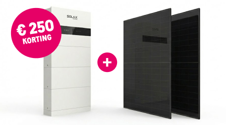 Combinatievoordeel €250 thuisbatterij en zonnepanelen Essent zonnepanelen en thuisbatterij met €250 korting sticker