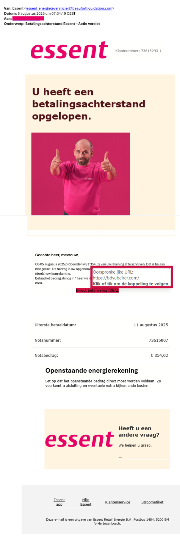 Essent phishingmail voorbeeld