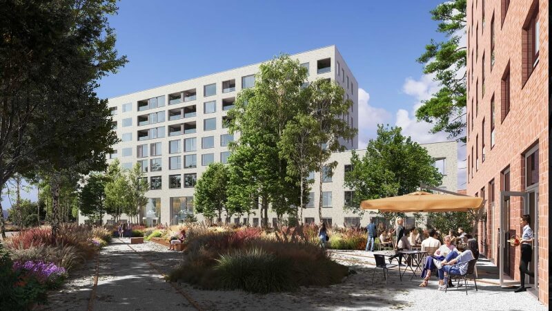 Schets van een plein met een terras en een hoog pand