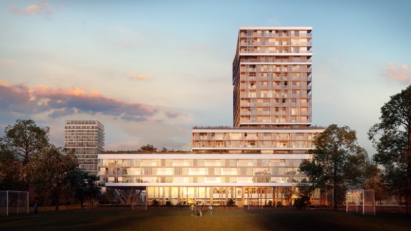 Computerschets van een groot kantoorpand