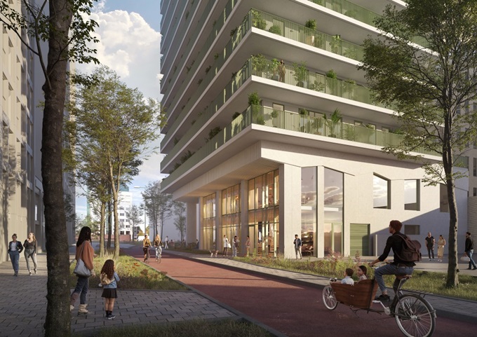 Schets van Schieveste, moeder met kind lopen had-in-hand over straat met op achtergrond hoogbouw