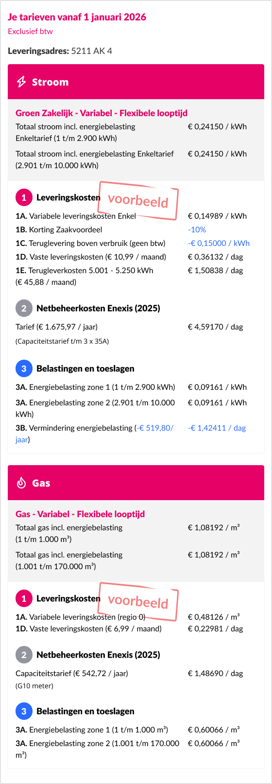 Voorbeeld van een overzicht van een zakelijke energierekening met variabele tarieven en bijbehorende bedragen.