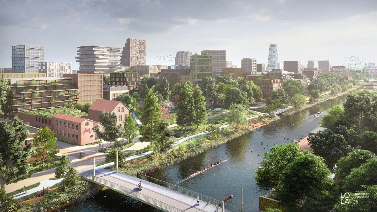 Tekening van het Merwede-kanaal met op achtergrond bomen en huizen