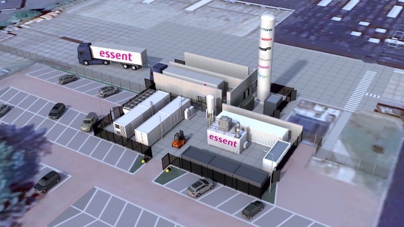 Visuele weergave van het GROWH-project. Een fabriek met het logo van Essent.