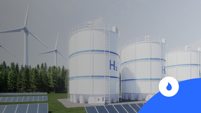 Waterstoftanks met zonnepanelen en windmolens